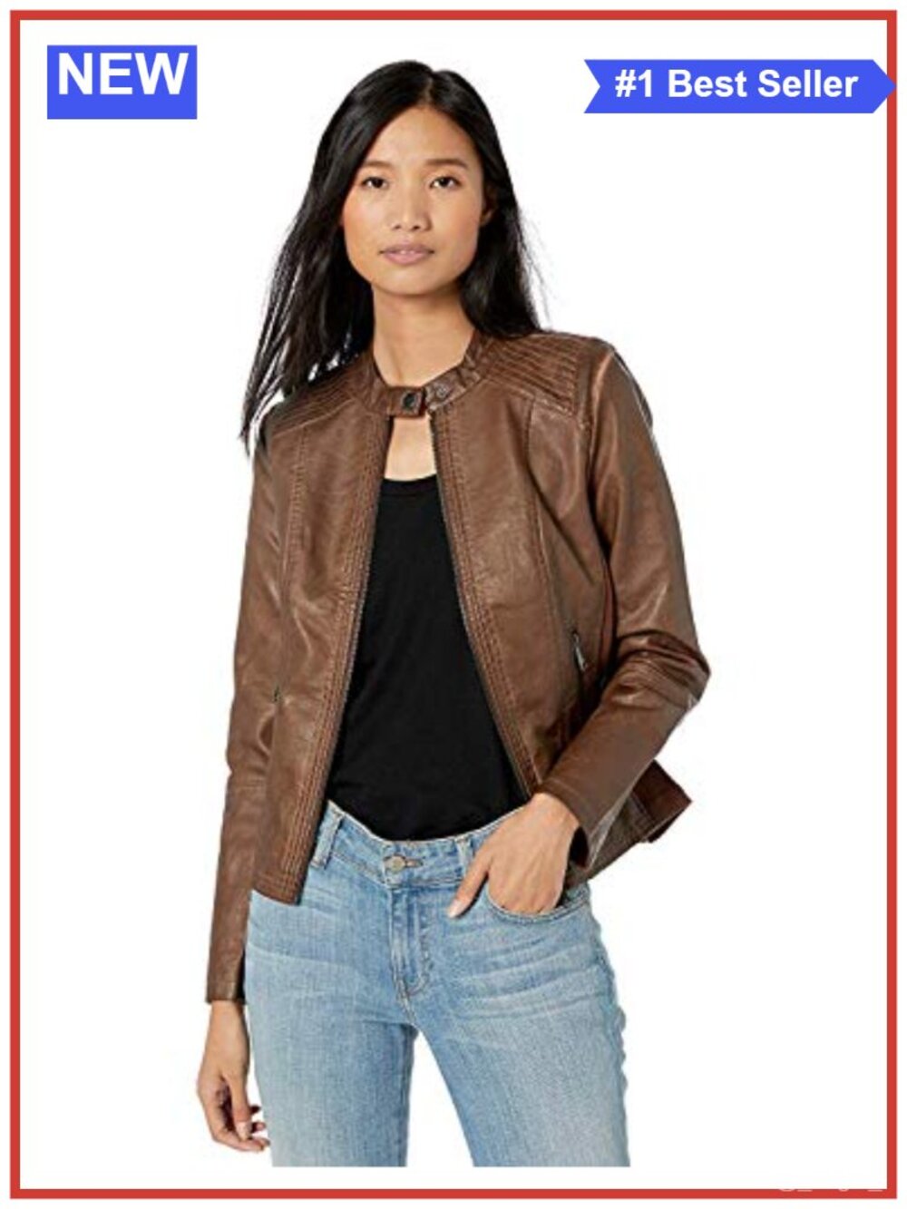 Faux Leather Moto Jacket with Zip Pockets and Stretch Panels